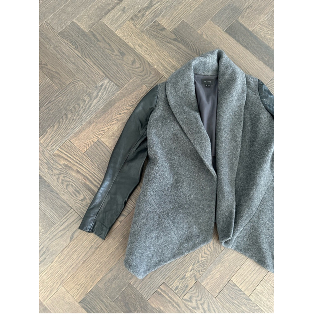 Theory Wool Blend Jacket Size M Gray with Leather Sleeves - Picture 2 of 10